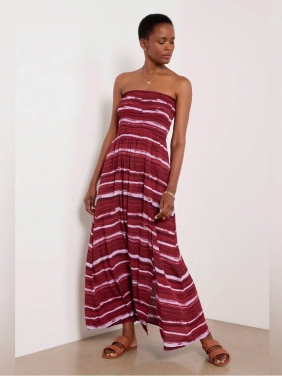 Evereve Dresses & Skirts - Evereve Lydia Strapless Maxi Dress XS Burgundy White Stripe Smocked Flowy Boho